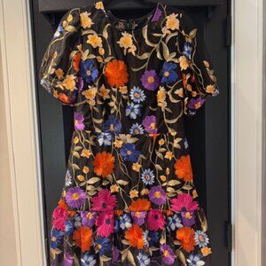 MILLY Yasmin Fall Foliage Mesh Embroidery Dress Black Multi